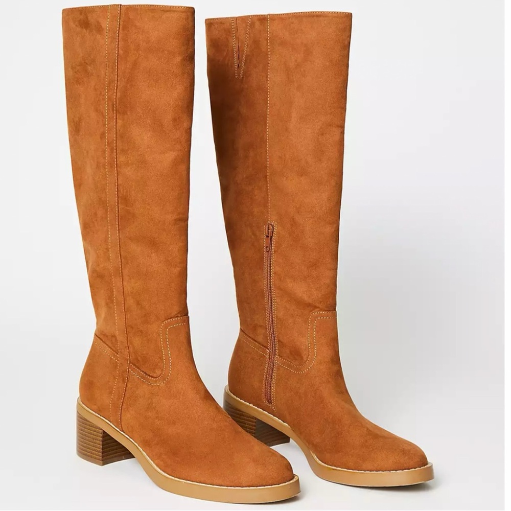 Loft knee high boots, block heel, faux suede, tan,  size 8 1/2